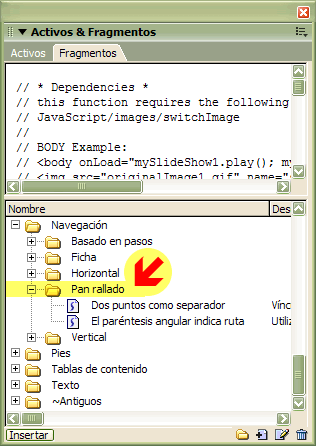 Finestra del Dreamweaver on una de les opcions és "pan rallado"