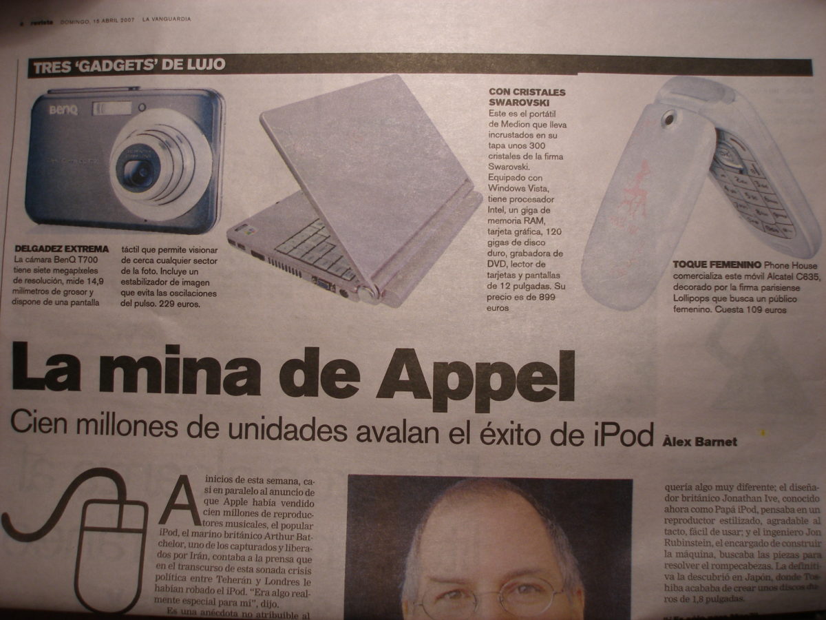 Article de diari sobre gadgets tecnològics on el titular és "La Mina de Appel"