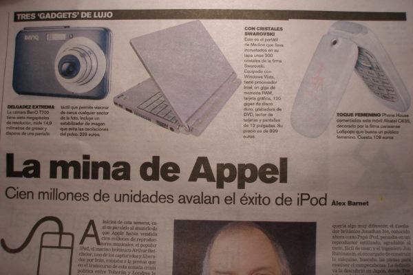 Article de diari sobre gadgets tecnològics on el titular és "La Mina de Appel"
