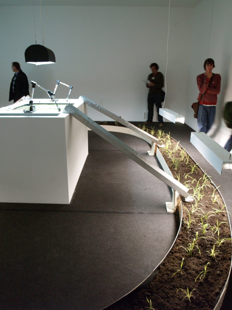 Instal·lació a una sala del museu, amb un carril pel de terra i plantes, uns robots i unes rampes