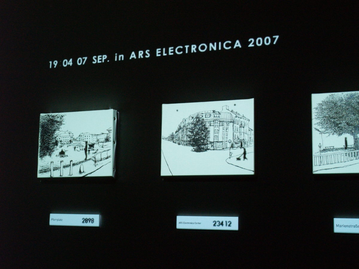 Dibuixos projectats sobre llenç com petits quadres. De títol 19 04 07 SEP. in Ars Electronica 2007