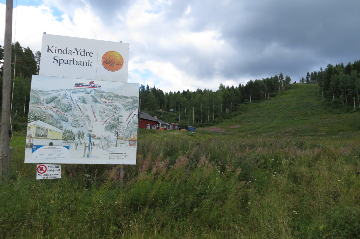 Pista d'esquí amb gespa, cartell en primer terme amb la il·lustració de totes les pistes