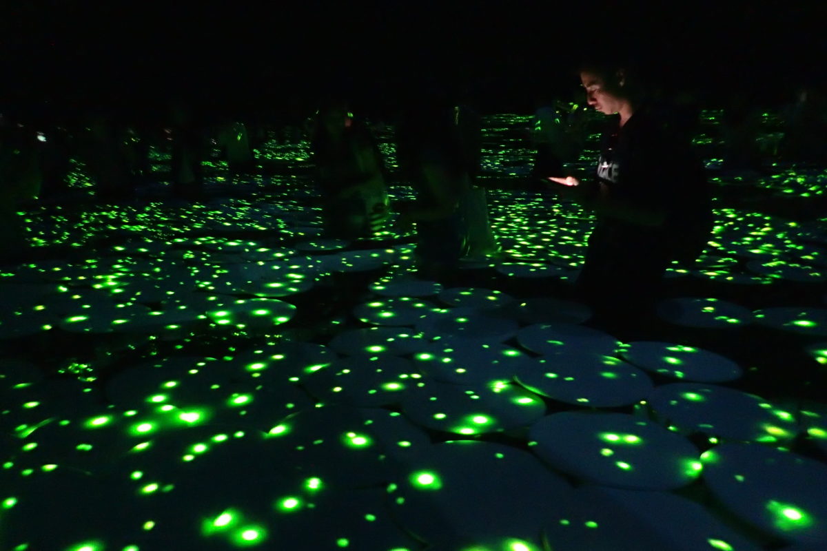 Instal·lació de llum de Teamlab, amb punts verds