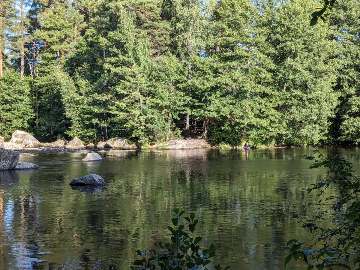 Riu on es pot veure ben petit un pescador amb aigua fins la cintura