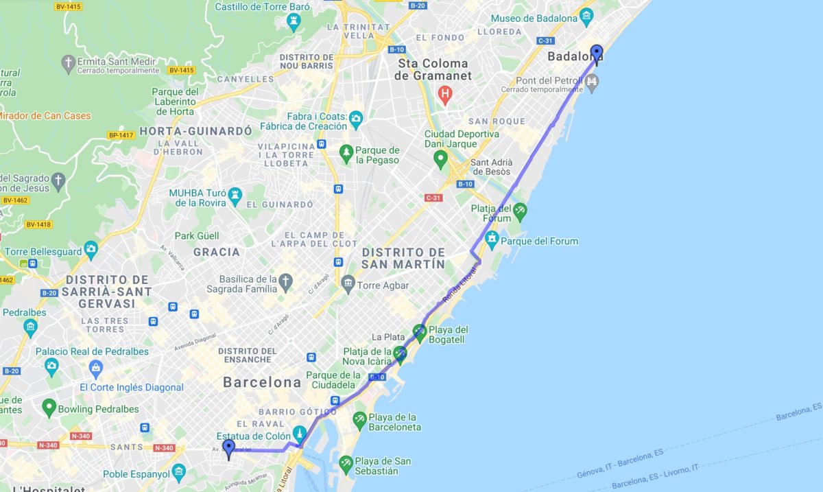 Captura del Google Maps amb la ruta que faig de Barcelona a Badalona amb la bici