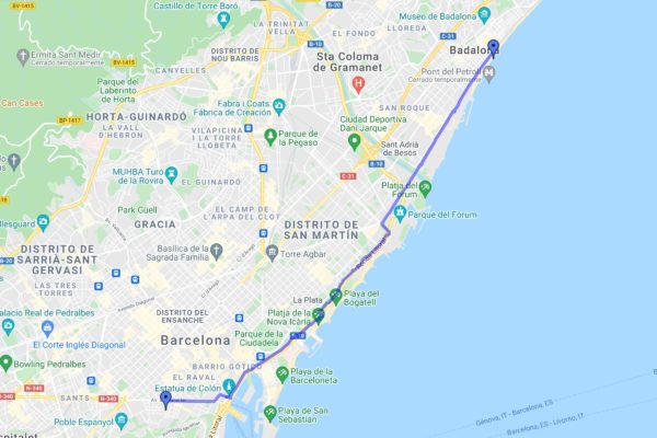 Captura del Google Maps amb la ruta que faig de Barcelona a Badalona amb la bici