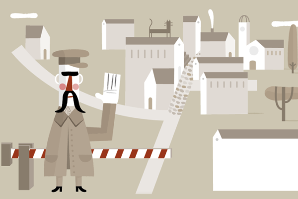 Il·lustració del burot del Joc de Badalona amb la barrera darrera i la ciutat de fons