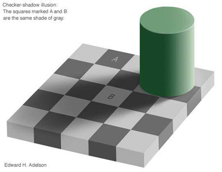 Il·lusió òptica en què un cilindre verd fa ombra sobre un tauler d'escacs gris clar i fosc.
