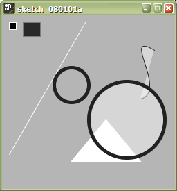Finestra del Processing amb formes geomètriques bàsiques, fons gris i figures en blanc i negre